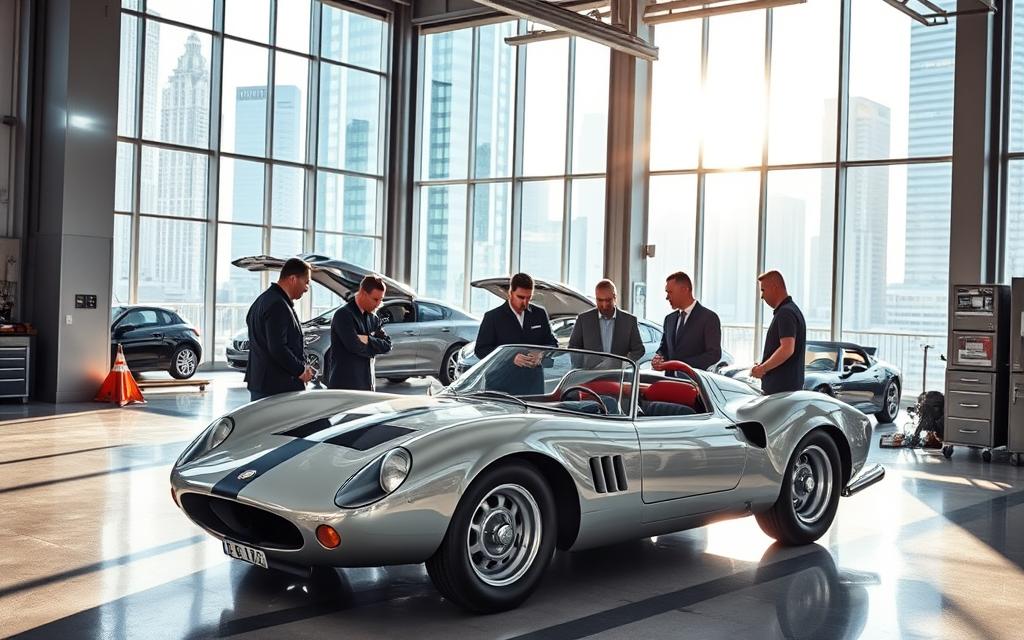 A sleek, modern luxury car repair center, the "Luxury Custom Garage" stands tall against a backdrop of gleaming skyscrapers. Sunlight streams through floor-to-ceiling windows, illuminating the pristine workspace where skilled technicians meticulously attend to the finest automobiles. Gleaming chrome accents and polished concrete floors create an atmosphere of sophistication and attention to detail. In the foreground, a team of experts examines a rare, vintage sports car, their expressions focused as they discuss the best approach to restoring its legendary performance. The overall scene conveys a sense of professionalism, expertise, and a dedication to preserving the beauty and power of the world's most prestigious vehicles.