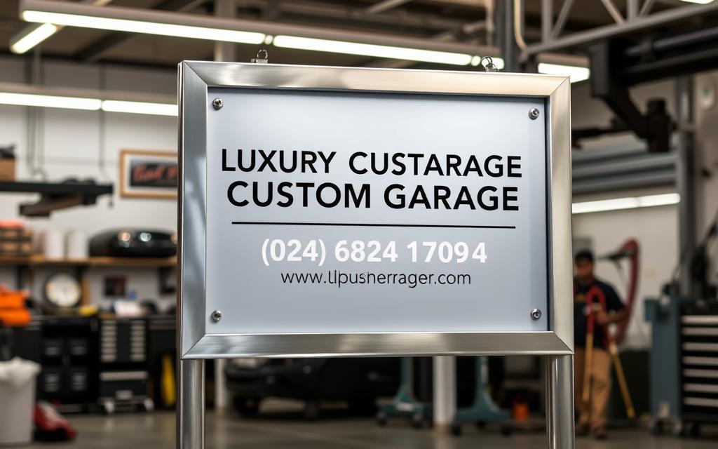 A well-lit signage display for a Luxury Custom Garage, featuring a polished metal frame and a sleek, minimalist design. The background showcases a neatly organized and expertly equipped auto repair workshop, with various tools and equipment visible. The signage displays the garage's name, address, phone number, and website in a clean, legible font. The overall scene conveys a sense of professionalism, attention to detail, and a commitment to providing high-quality bumper repair services.